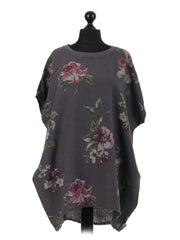 Italian Linen Floral Baggy Top - Charcoal