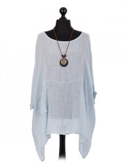 Italian Plain Batwing Top With Front Pockets and Necklace - Light Blue