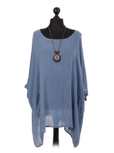 Italian Plain Batwing Top With Front Pockets and Necklace - Denim
