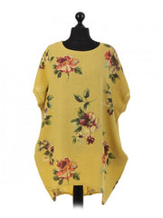 Italian Linen Floral Baggy Top - Mustard