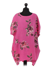 Italian Linen Floral Baggy Top - Cerise