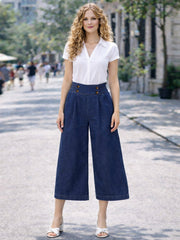 Italian Button Detail Denim Culottes - Dark Denim
