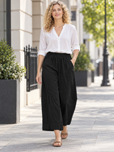 Italian Cotton Corduroy Wide Leg Culottes Pocket Trousers - Black