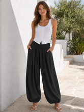 Italian Crinkle Fabric Elasticated Waist Harem Trousers - Black
