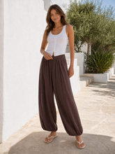 Italian Crinkle Fabric Elasticated Waist Harem Trousers - Chocolate