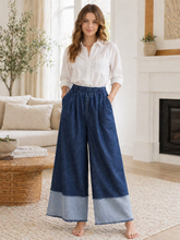 Italian Denim Fabric Wide Leg Elasticated Waist Palazzo Trousers - Dark Denim