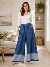 Italian Denim Fabric Wide Leg Elasticated Waist Palazzo Trousers - Denim