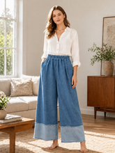Italian Denim Fabric Wide Leg Elasticated Waist Palazzo Trousers - Light Denim