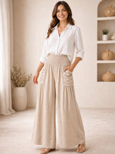 Italian Elasticated Smocked Waist Palazzo with side pockets - Beige