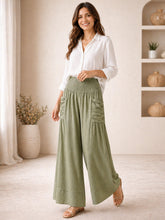 Italian Elasticated Smocked Waist Palazzo with side pockets - Khaki