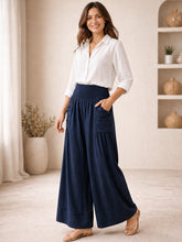 Italian Elasticated Smocked Waist Palazzo with side pockets - Navy