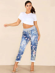 Italian Floral Print Cotton Joggers - Denim