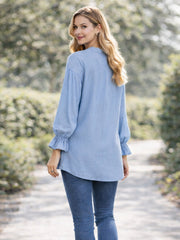 Italian Mandarin Collar Chambray Blouse - Light Denim
