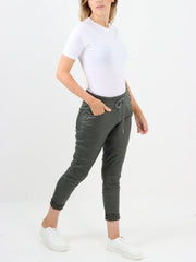 Italian Wet Look Stretch Magic Trousers - Army Green