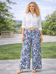 Italian Paisley Print Palazzo Trousers With Belt - Navy
