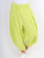 Italian Relaxed Fit Harem Linen Pants - Parrot Green