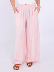 Italian Smocked Elasticated Waist Plain Palazzo Trousers - Baby Pink