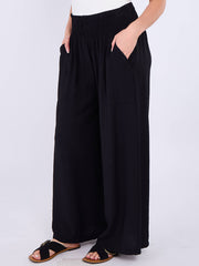 Italian Smocked Elasticated Waist Plain Palazzo Trousers - Black