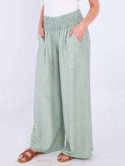 Italian Smocked Elasticated Waist Plain Palazzo Trousers - Khaki