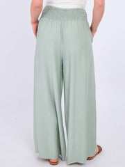 Italian Smocked Elasticated Waist Plain Palazzo Trousers - Khaki