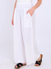 Italian Smocked Elasticated Waist Plain Palazzo Trousers - White