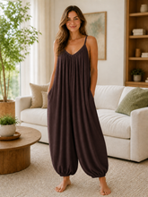 Italian Strappy Harem Style Jumpsuit With Side Pockets - Chocolate