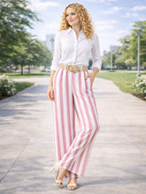 Italian Striped Print Palazzo Trousers With Belt - Pink