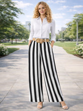 Italian Striped Print Palazzo Trousers With Belt - Black