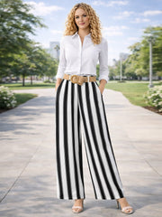 Italian Striped Print Palazzo Trousers With Belt - Black