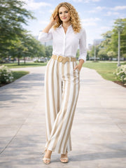 Italian Striped Print Palazzo Trousers With Belt - Mocha