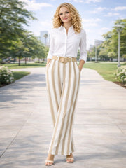 Italian Striped Print Palazzo Trousers With Belt - Mocha