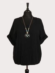 Italian Vintage Dye Linen Blend Top with Necklace - Black