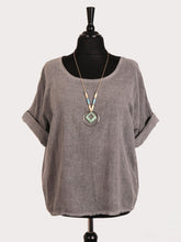 Italian Vintage Dye Linen Blend Top with Necklace - Grey