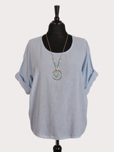 Italian Vintage Dye Linen Blend Top with Necklace - Ice Blue