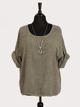 Italian Vintage Dye Linen Blend Top with Necklace - Army Green