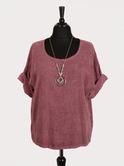 Italian Vintage Dye Linen Blend Top with Necklace - Plum