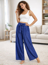 Italian Wide Leg Chambray Trousers With Tie Waist - Denim