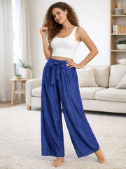 Italian Wide Leg Chambray Trousers With Tie Waist - Denim