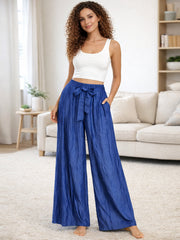 Italian Wide Leg Chambray Trousers With Tie Waist - Denim