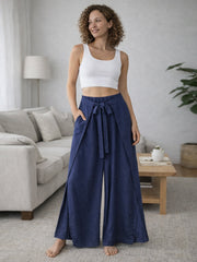 Italian Wrap Front & Split Hem Wide Leg Trousers With Tie Waist - Navy