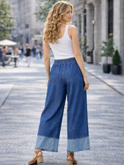 Italian Contrast Raw Edge Hem Wide Leg Palazzo - Denim
