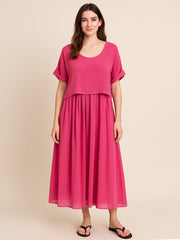 Italian Cotton 2 Piece Flare Maxi Dress with Shrug Top - Cerise