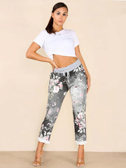 Italian Floral Print Cotton Joggers - Black