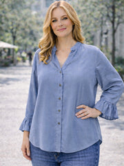 Italian Mandarin Collar Chambray Blouse - Light Denim