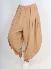 Italian Relaxed Fit Harem Linen Pants - Camel