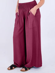 Italian Smocked Elasticated Waist Plain Palazzo Trousers - Dark Tea Pink