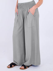 Italian Smocked Elasticated Waist Plain Palazzo Trousers - Grey