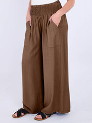 Italian Smocked Elasticated Waist Plain Palazzo Trousers - Walnut