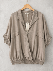 Made In Italy Wrap-front Flowy Cropped Batwing Top With Elastic Hem - Mocha