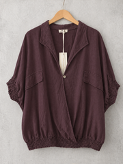 Made In Italy Wrap-front Flowy Cropped Batwing Top With Elastic Hem - Plum